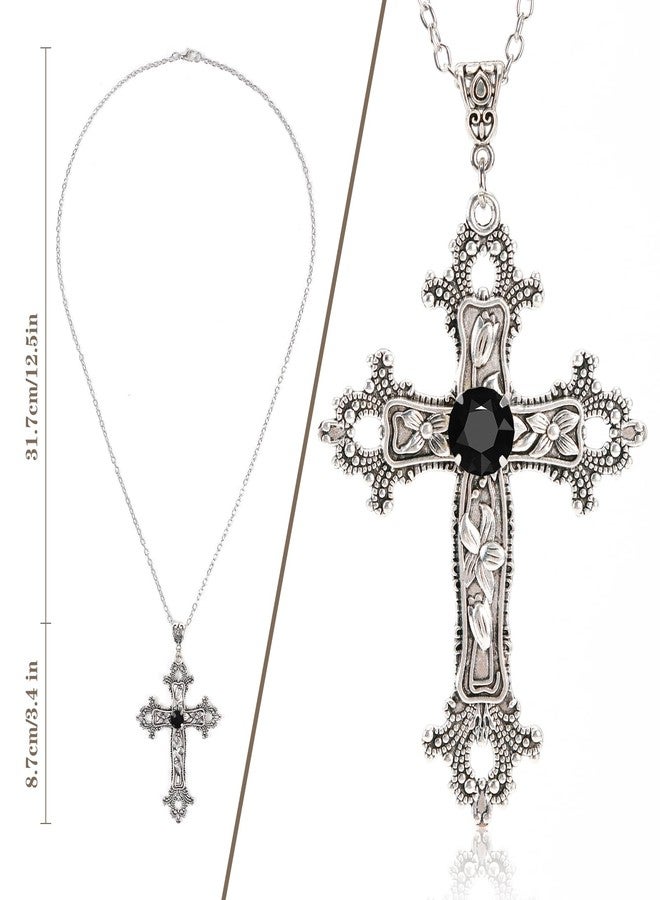 SHUS LIVE Gothic Cross Necklace Silver-Tone Pendant with Black Glass Stone, on 25” Steel Chain, Cross Necklace for Women, Large Goth Silver Cross Necklaces for Man, Big y2k Necklaces, Halloween Jewelry - Image 2